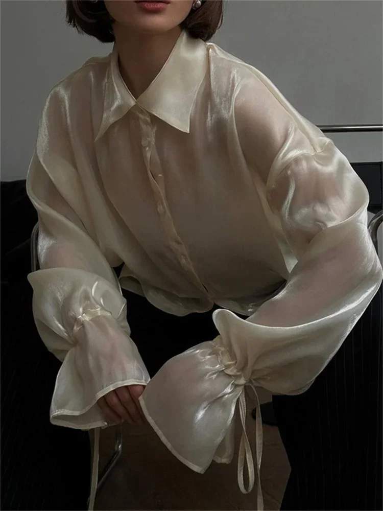 Casual Loose See-Through Shirts Coat Female Lapel Long Sleeve Lace-Up  Summer Outwear Women's Solid Patchwork Blouse