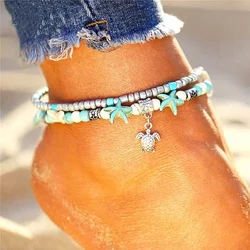 Delysia King Women Trendy Starfish Turtle Yoga Anklet Summer Sandy Beach Two Layer String beads Foot Chain