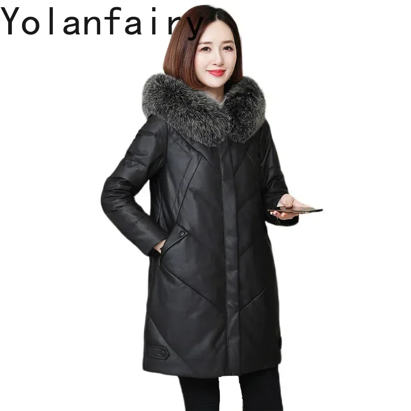 YOLANFAIRY Echt Leer Down Jas vrouwen Mid Lange Natuurlijke Schapenvacht Vos Kraag Losse Dikke Bontjassen Vrouwelijke Roupas Femininas