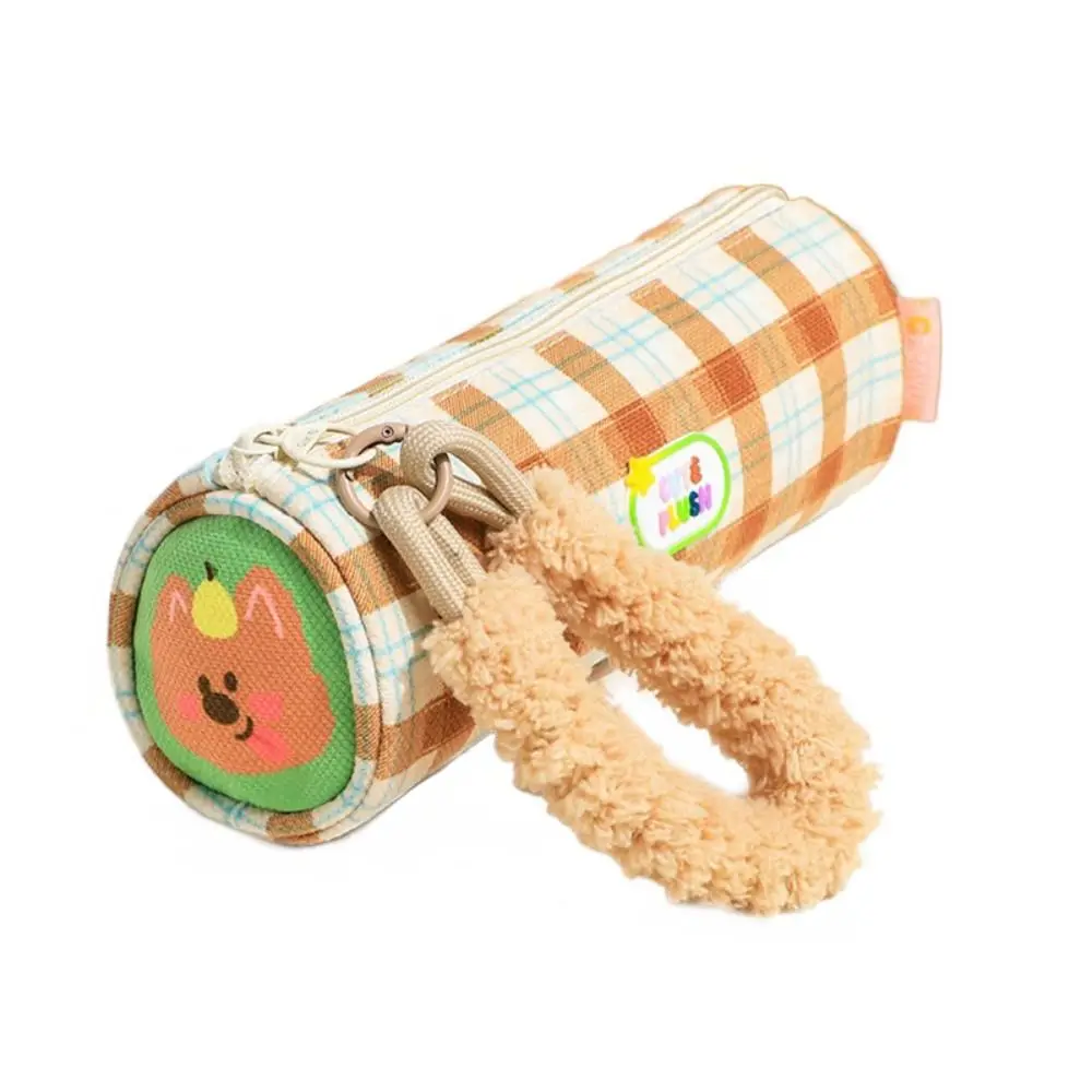 Handle Pencil Case Color-blocking Plaid Cylinder Pen Bag Animals Patterns Large Capacity Stationery Storage Bag Students