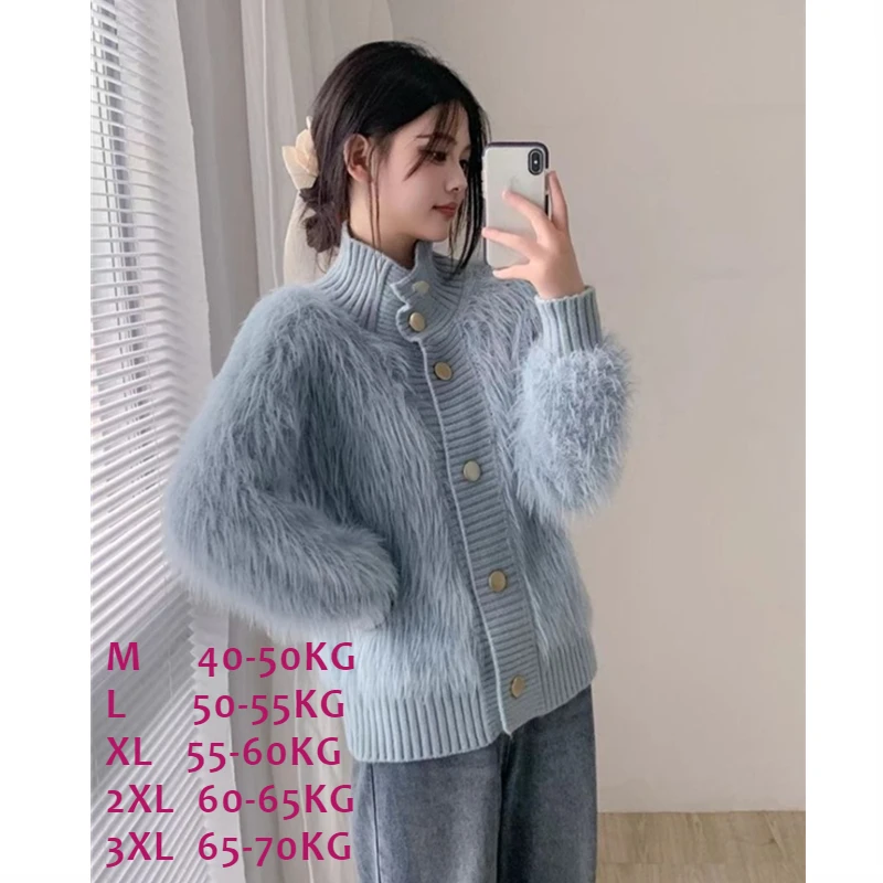 Imitation Mink Knitted Cardigans for  Casual Button Patchwork Knit  Female Sweater 2026 Soft Thick Warm Knitwears Outerwear MT12