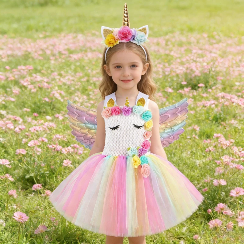 

Macaron Flowers Unicorn Costumes for Girls Christmas Carnival Outfit with Pastel Wings Hairbow for Kids Birthday Party Dresses