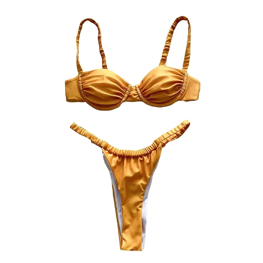 Sexy Gold Yellow Push Up Swimsuit Micro Thong Bikini 2025 Women Swimwear Underwired Bathing Swimming Suit Biquinis Bikinis Sets