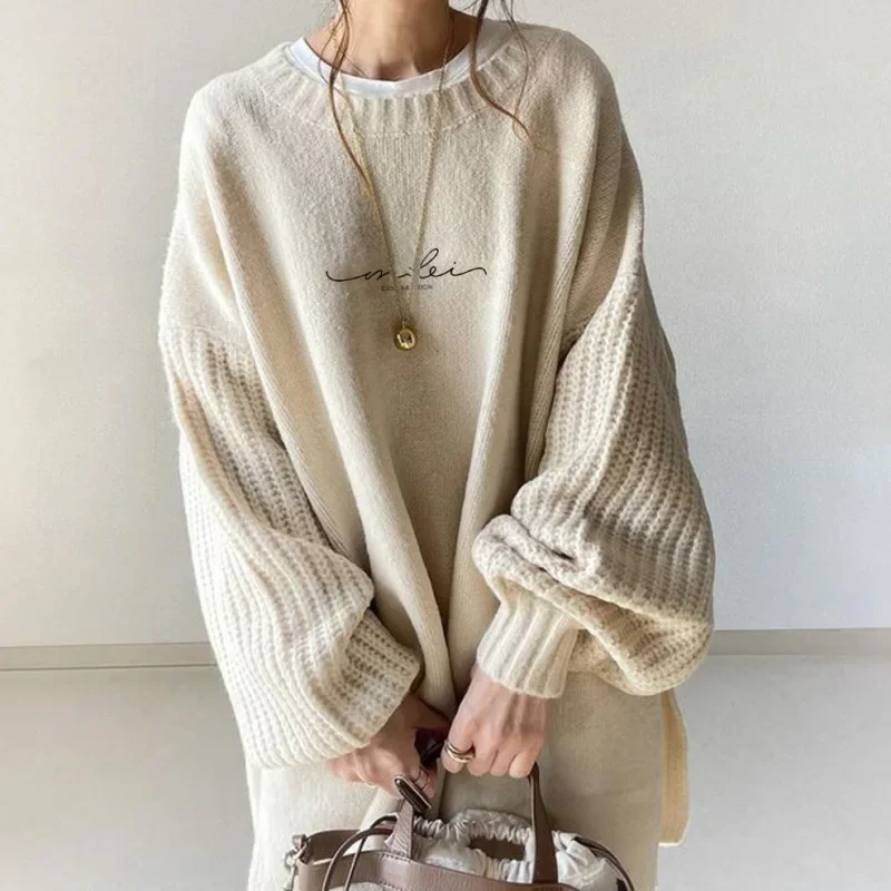 

Women Korean Full Sleeve Knitted Pullovers Solid Round Neck 2023 Autumn Winter Loose Casual Sweaters Regular Splice Tops