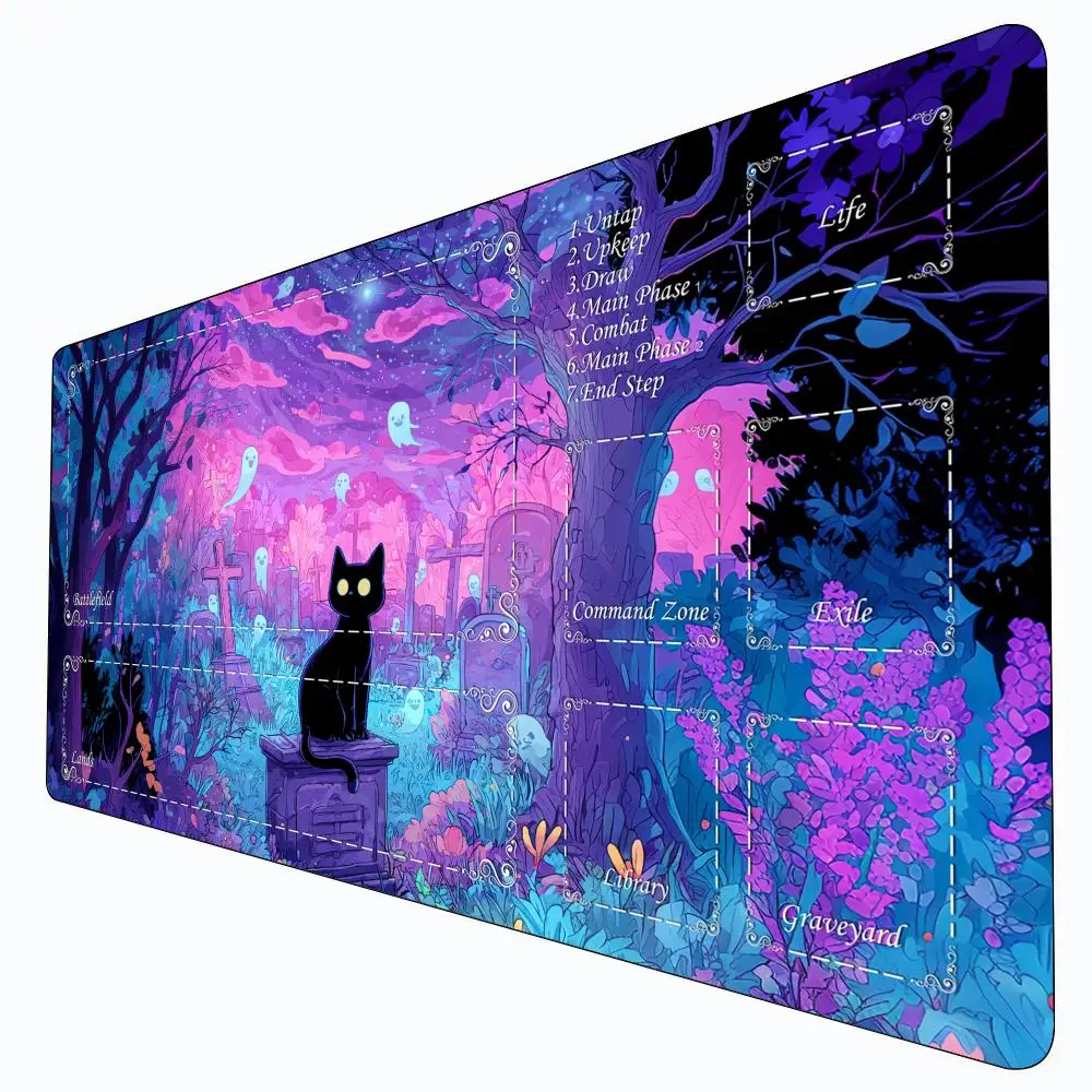 Fantasy Cemetery and Black Cat MTG Playmat Magic Card Battle Mat Non-Slip Durable Commander playmat Board Game Mat for TCG