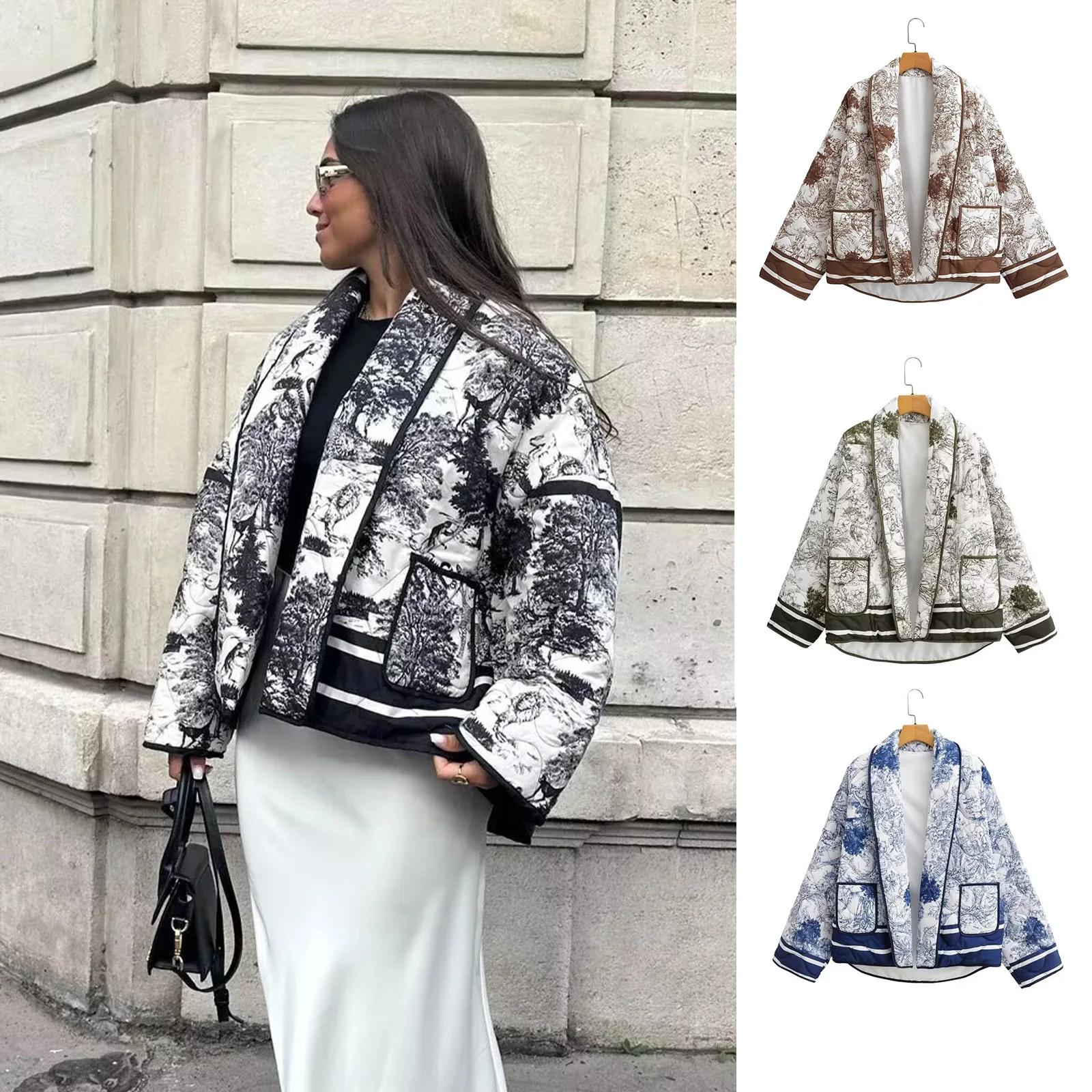 

Женские пальто, синяя хлопковая куртка в китайском стиле с цветочным принтом и длинными рукавами в стиле пэчворк, зимняя уличная одежда 2025 г., женская верхняя одежда