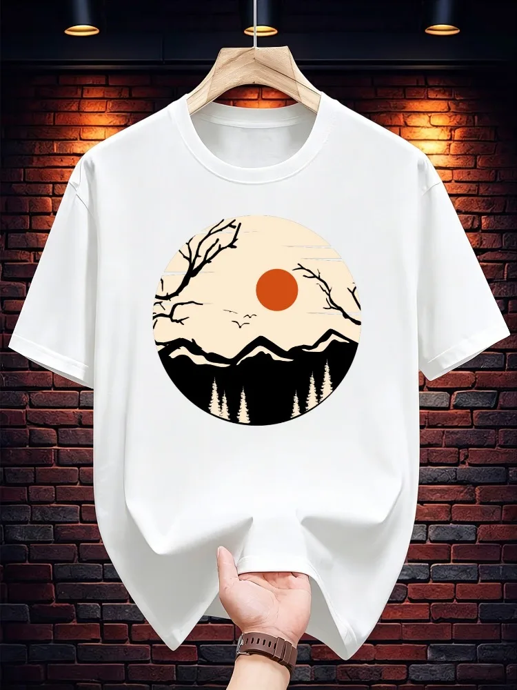 Mens Summer Crew Neck T Shirt Minimalist Mountain Sunset Forest Graphic Tee Casual Loose Fashion Top Outdoor Hiking Daily Wear
