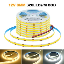 12V 24V światło pasek COB LED 320LED/M wysokiej gęstości elastyczne 8mm lampki na taśmę FOB 5M 10M RA90 ciepła natura zimna biała wstążka liniowa