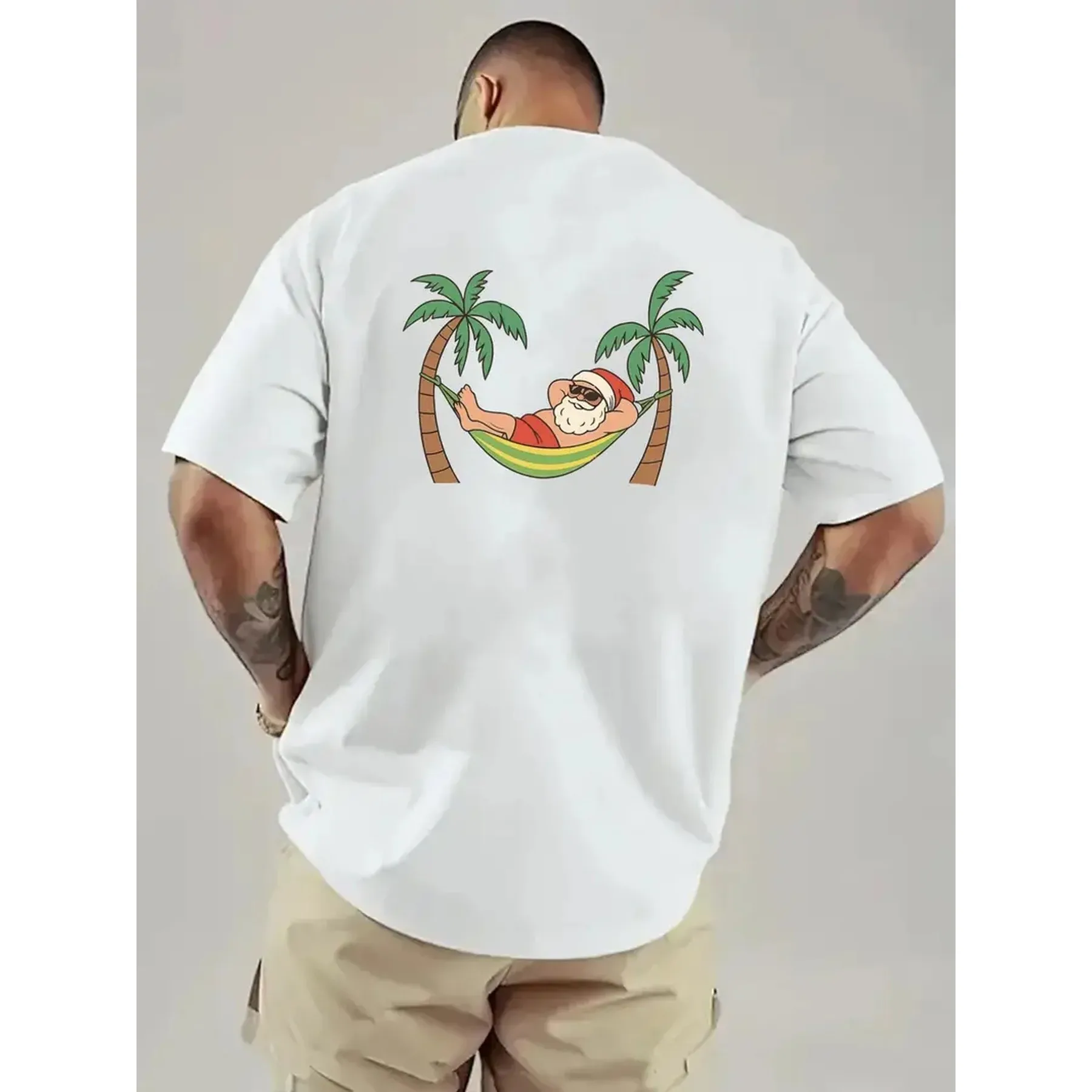 Santa Claus Tropical Beach Vacation Graphic T-Shirt Men's Short Sleeve Cotton Tee