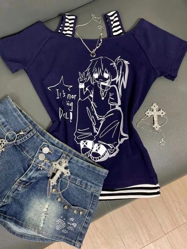 هوتشو Y2k الأسود Juminocore تي شيرت المرأة Kawaii مخطط قصيرة الأكمام قبالة الكتف تيز اليابانية موضة سليم الحلو جيارو