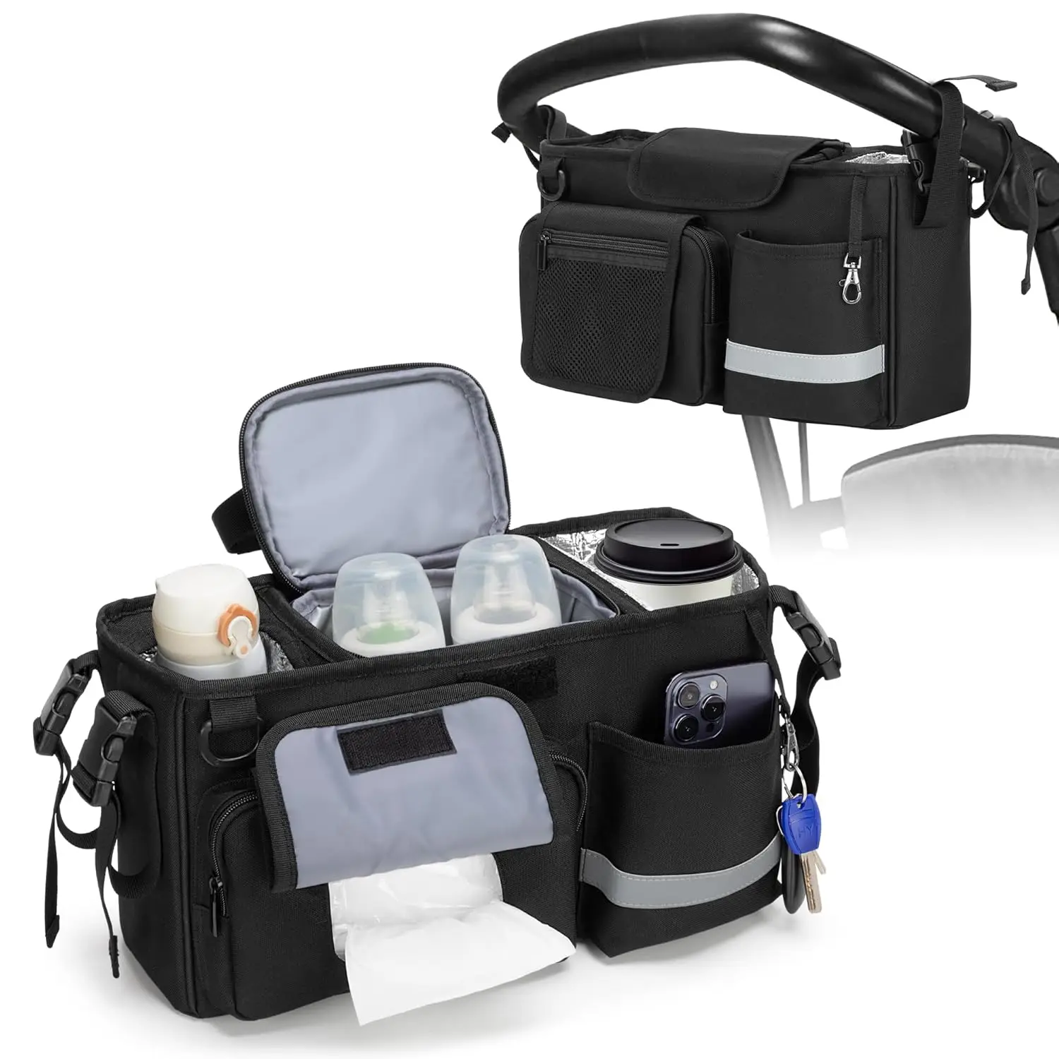 Parent Console Stroller Organizer Compatible with W&X, 2 Insulated Cup Holders, A Removable Cooler