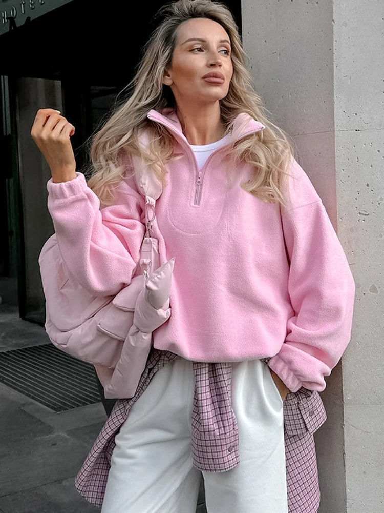 

MCDV Turn-down Collar Fleece Sweatshirts Women 2024 Autumn Long Sleeve Zipper Loose Pullovers FashionPink Lamb-fleece Pullover