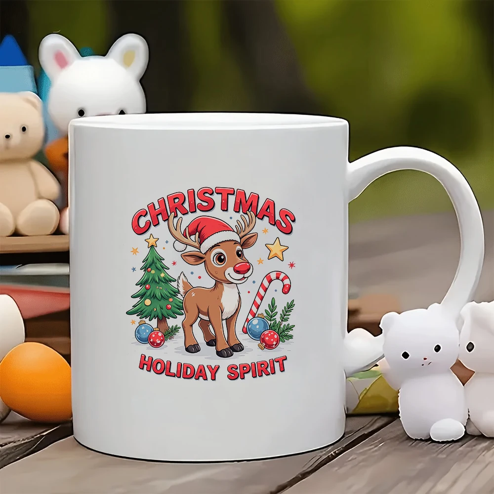 

11oz Mug + Christmas Reindeer Cartoon Cup + Holiday Themed Christmas Gift Kids Water Cup Family Office Coffee Cup