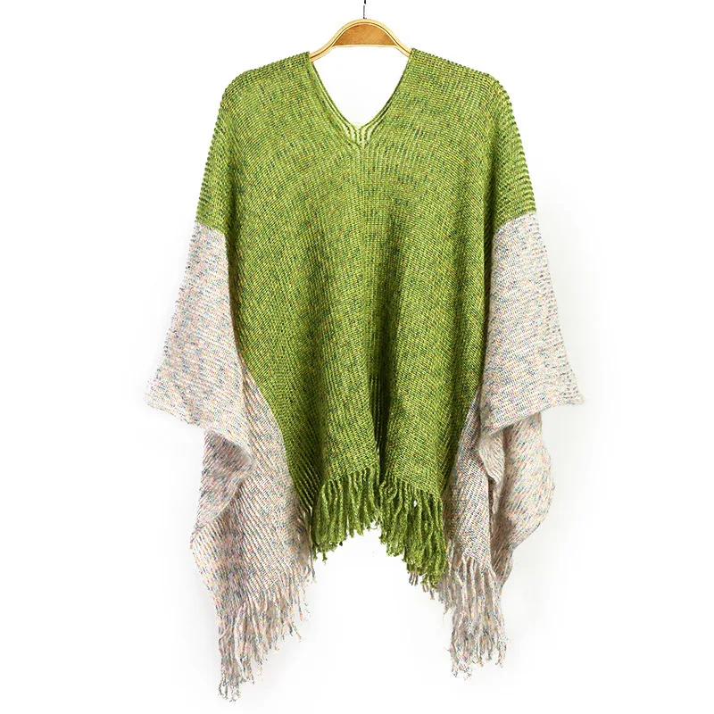 Herfst Winter Nieuwe Contrast Kwast Mantel Losse Trui Dames Gebreide Sjaal Poncho 'S Lady Capes Groen