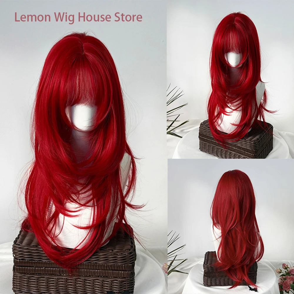 

Red Synthetic Wig with Bangs Long Straight Hair High-Layered Wig Lolita for Women's Daily Party Cosplay Wig Heat Resistant