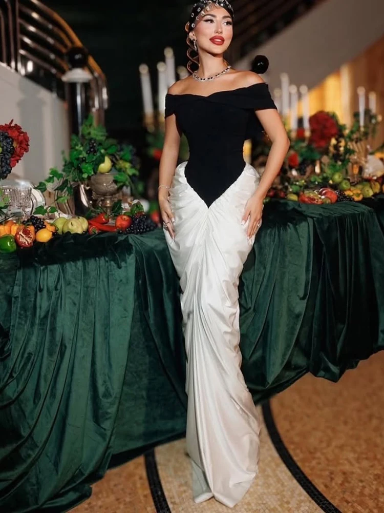 ibber Contrast Patchwork Long Dress Woman Off Shoulder Backless Skinny High Waist Midnight Club Party Ruched Elegant Clothing