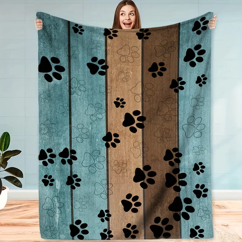 

Retro Dog Paw Print Blanket Soft Hypoallergenic Flannel All-Season Multi-Use for Sofa Bed Car Camping Office Machine Washable