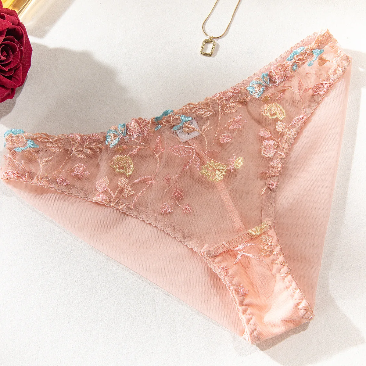 Wholesale Hot Luxury Transparent Embroidery Flowers Fashion Sexy Lingerie Women Panties Pink Sexy Lingerie