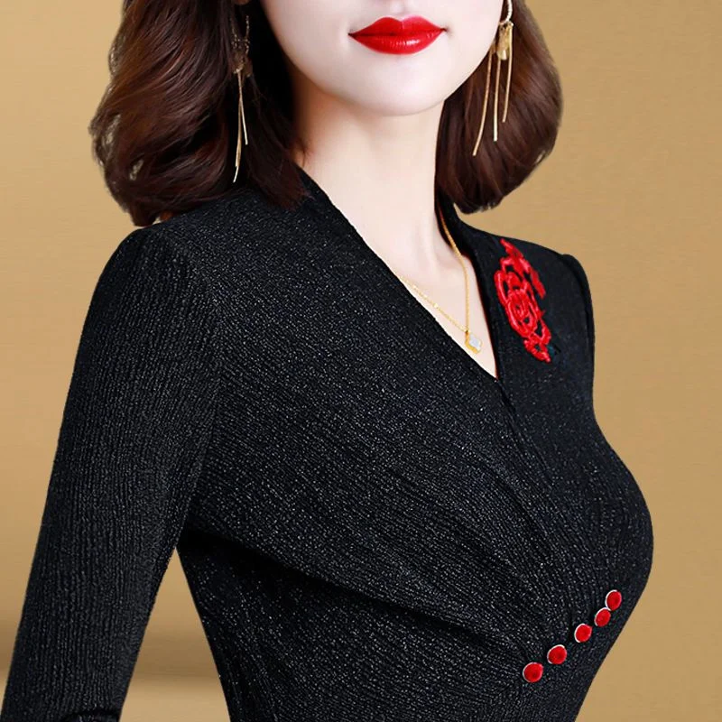 Autumn Winter Vintage Embroidery Flower Ruched Elegant Office Ladies Plush Basic Tops Women Black Sexy Long Sleeve Slim T-shirts