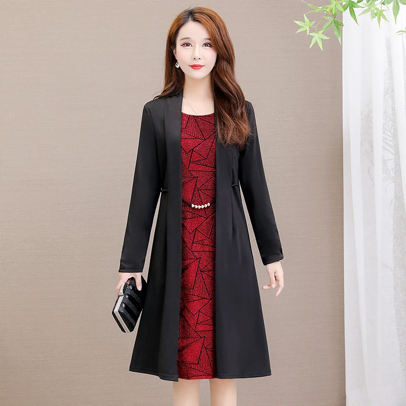 New Spring autumn women dress casual loose vintage flowers dress women long sleeve office ladies work midi dress fake two pieces