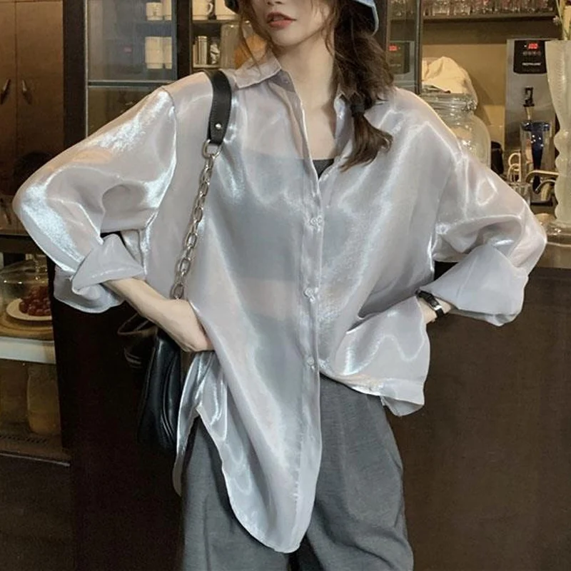 Spring Summer Solid Color Elegant Shirt Women Turn-down Collar Long Sleeve Fashion Button Patchwork Cardigan Korean Style Tops