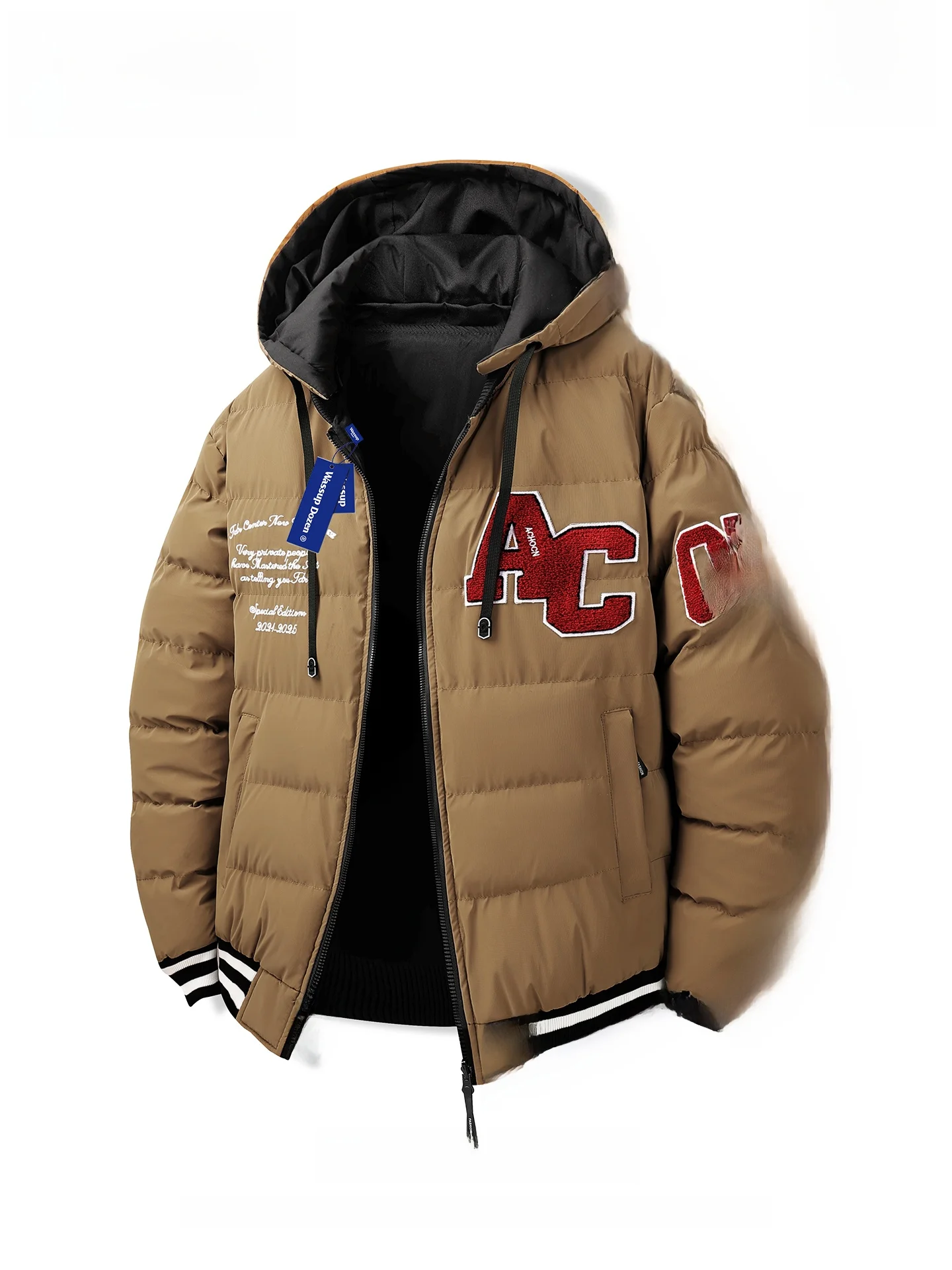 

Wassup Dozen Men's Hooded Thiened Cotton Jaet Winter Warm Trendy Casual Brand Cotton Coat Long Sve Zipper Closure