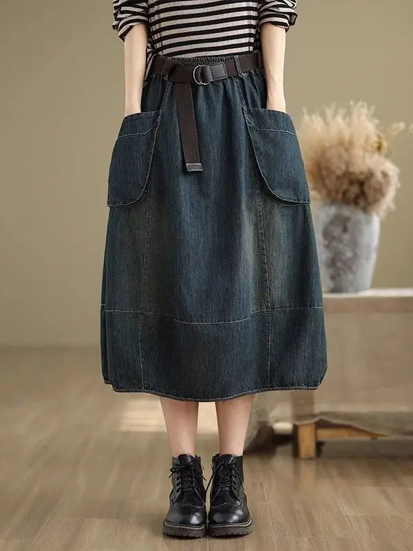 

Mid-Length Denim f Skirt Women's Spring Autumn Bloom Vintage Patchwork Faion A-Line Skirt High Waist Casual Sle