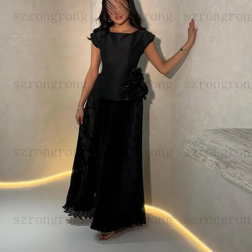 겸손한 오-넥 새틴 Pleated a 라인 긴 사우디 신부 드레스 여성을위한 수제 꽃 민소매 이브닝 가운 맞춤 제작