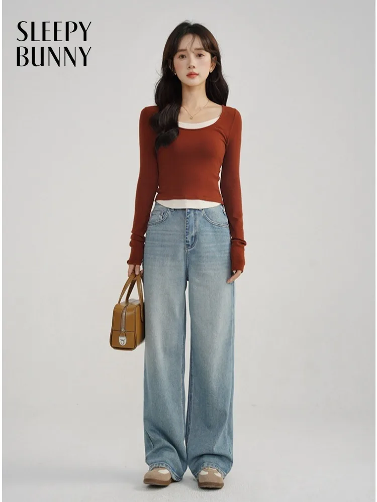 

Layered U Neck Knit Top Lady Slim Fit Long Sleeve Women Tee Sweet Elegant Spring Casual Daily Inner Wear Style Outfit Look