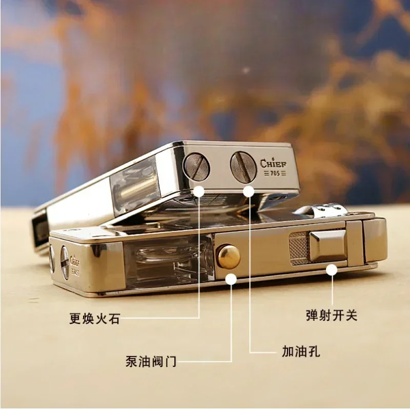 CHIEF Creative Pump Oil Valve Metal One-click Ejection Ignition Windproof Open Flame Transparent Oil Window Kerosene Lighter