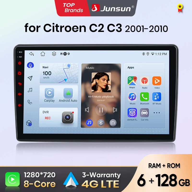Junsun Android sans fil CarPlay Auto autoradio pour citroën C2 C3 2001-2010 systèmes intelligents DSP SWC RDS GPS FM BT