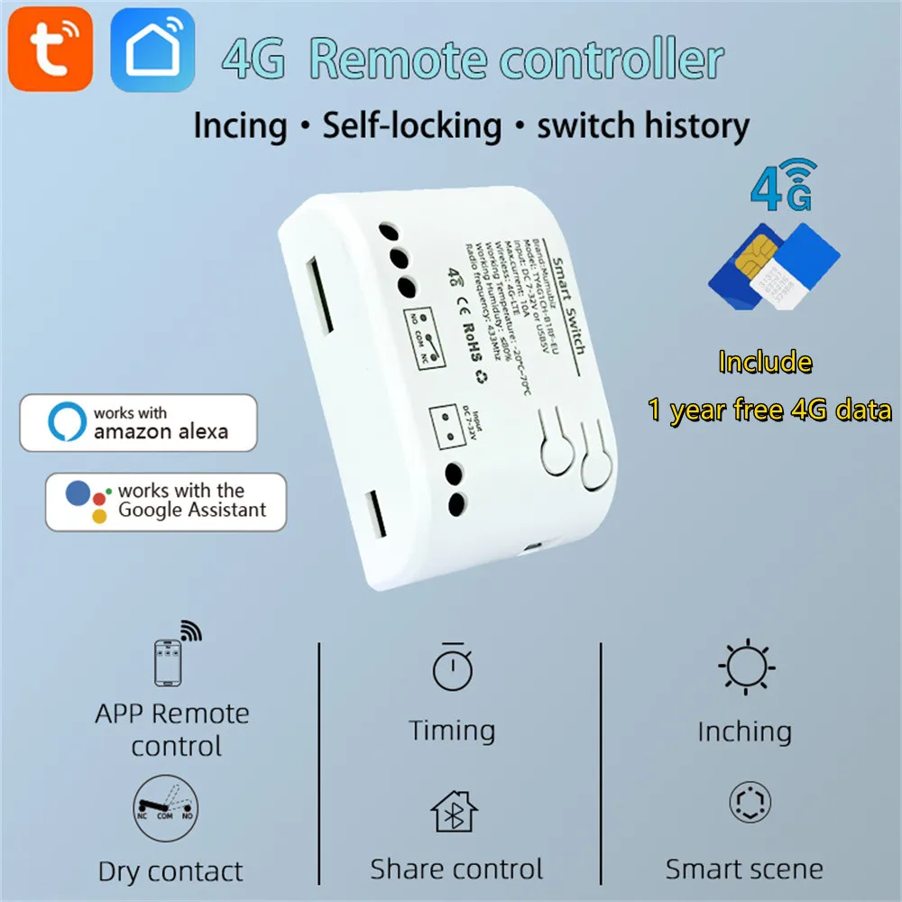 Controle Remoto Tuya Smart 4G Switch, Cartão de Relé GSM Incluído, 1 Ano Grátis Relé de Dados Inchado, RF433MHz, 7-32V