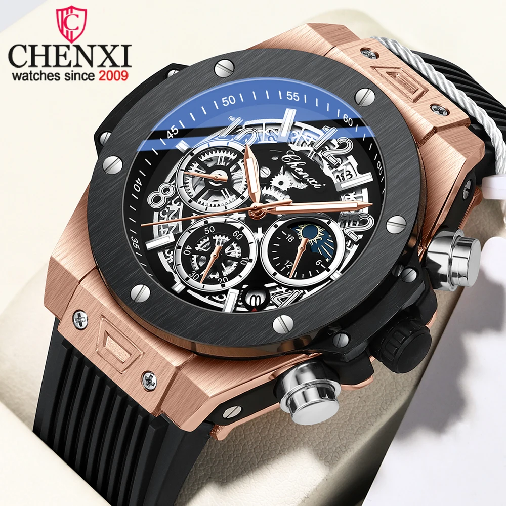 CHENXI Men's Fashion Silicone Chronograph Watch Multifunctional Cool Luminous Quartz Starry Lunar Phases Sport Wristwatch