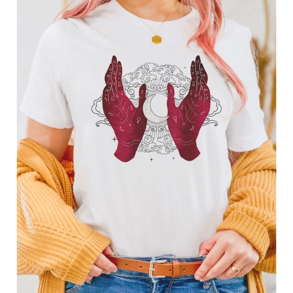 Mystyczne Koszulki z Grafiką Rąk Palmistry i Księżyca, Niebiańskie Okultystyczne Ciemne Czarownicze Gotyckie Koszulki Bawełniane Damskie Męskie
