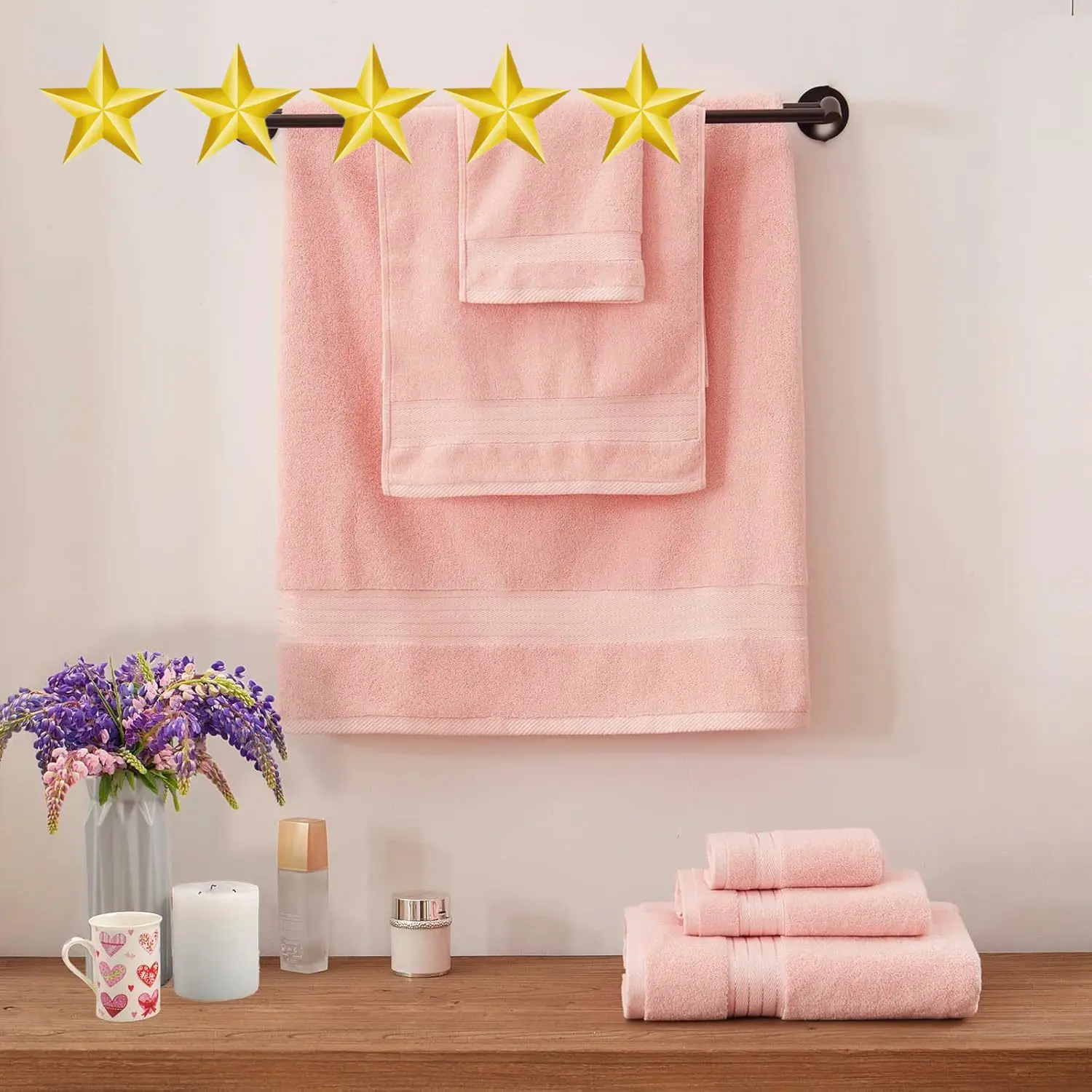 Pink Bathroom Towel Set 6Pcs, 100% Turkish Cotton Bath Towel Sets for Bathroom, Soft Absorbent, 650 GSM Luxury 6 Pcs