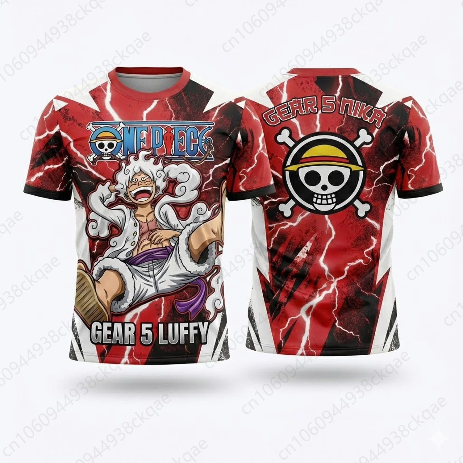 One Piece Luffy Gear 5 Nika Shirt Sonnengott Rote Blitz-Trikots für Herren und Damen Anime Grafik-T-Shirt Strohhut Totenkopf-Logo Top Geschenk