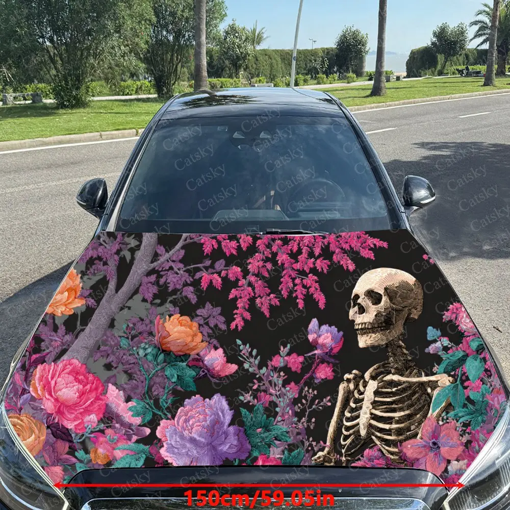Car Decal Dark Gothic Design with Skeleton Amidst Vibrant Multicolored Florals Car Hood Sticker, Waterproof Self - Adhesive PVC
