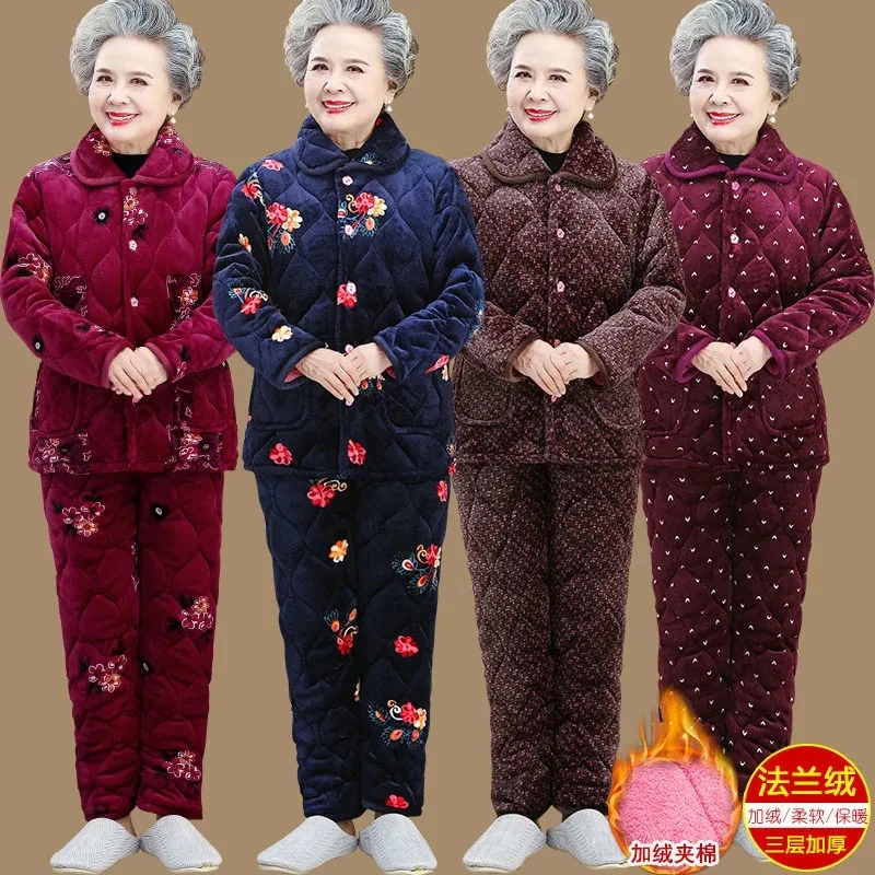 Grandma Pajamas Three Layers Thickened Mother Home Clothes Elderly Women Coral Velvet Pajamas Sets Winter Suit Warm Pants 2PCS