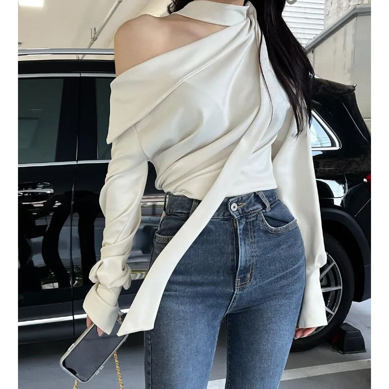 Korean Fashion Instagram Diagonal Neck Acetate Fabric Shirt Women's Spring Hanging Neck Design High End Shirts Female Clothing