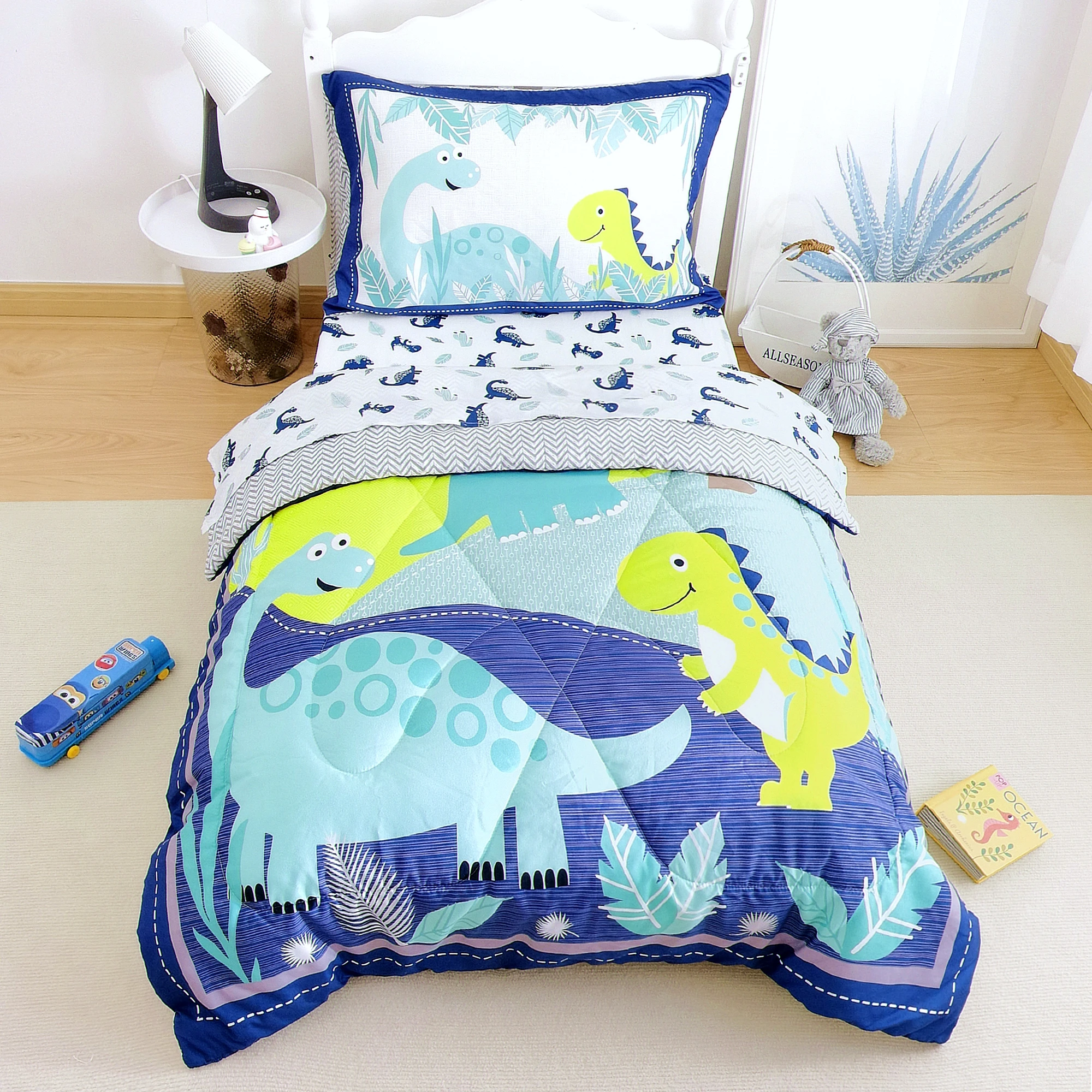 Dinosaur Toddler Bedding Set 4Piece Soft Toddler Sheet Set for Boys Girls Include Comforter,Flat Sheet,Fitted Sheet,Pillowcase