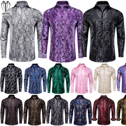 Hi-Tie Silk Mens Shirts 26 Colors Jacquard Slim Shirt Long Sleeve Casual Blouse Outerwear Summer Beach Navy Blue Pink Red Green