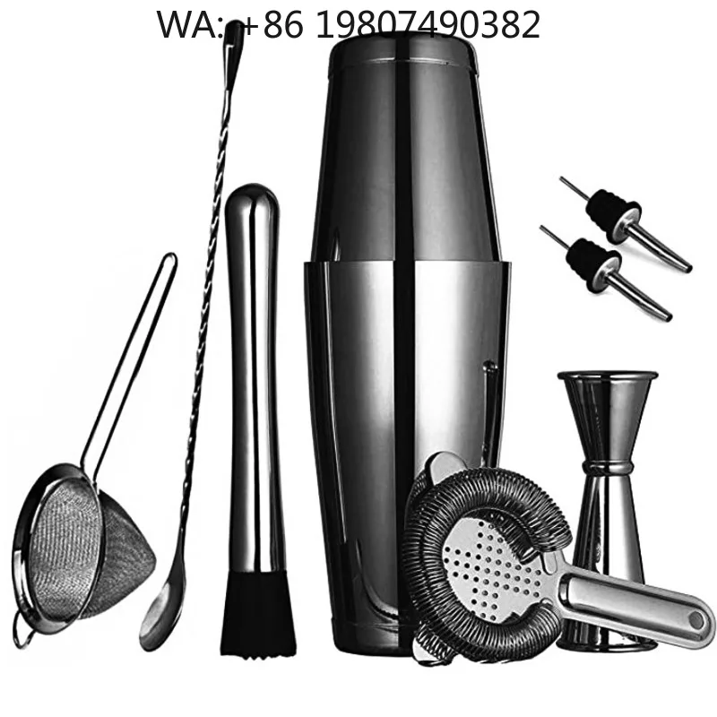 Large Capacity Black Boston Shaker Set, 9Pcs 18/28oz Stainless Steel Bartender Tools Portable For Outdoor Camping Party Bar