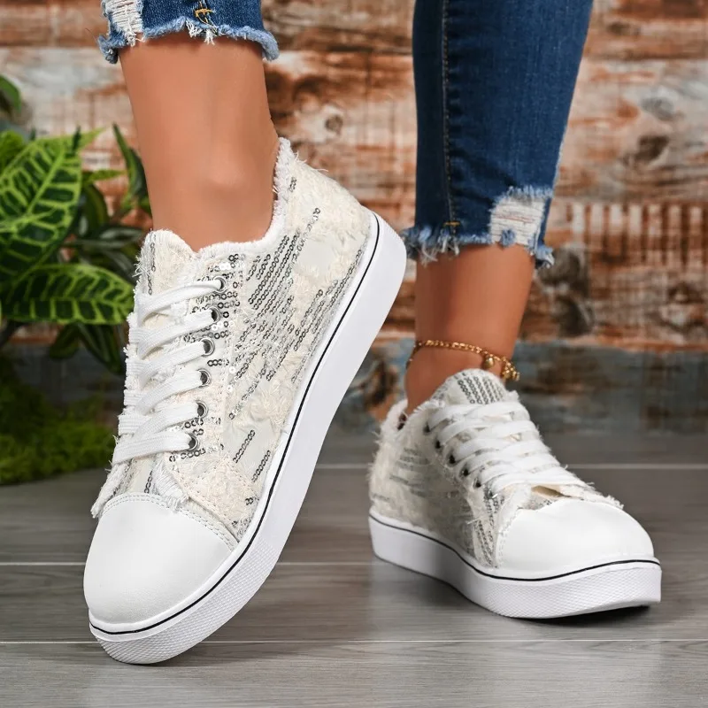 أحذية ربيعية منخفضة الأعلى للنساء، أحذية رياضية مسطحة كاجوال متعددة الاستخدامات بمقدمة مستديرة وقماش ترتر قابلة للتنفس