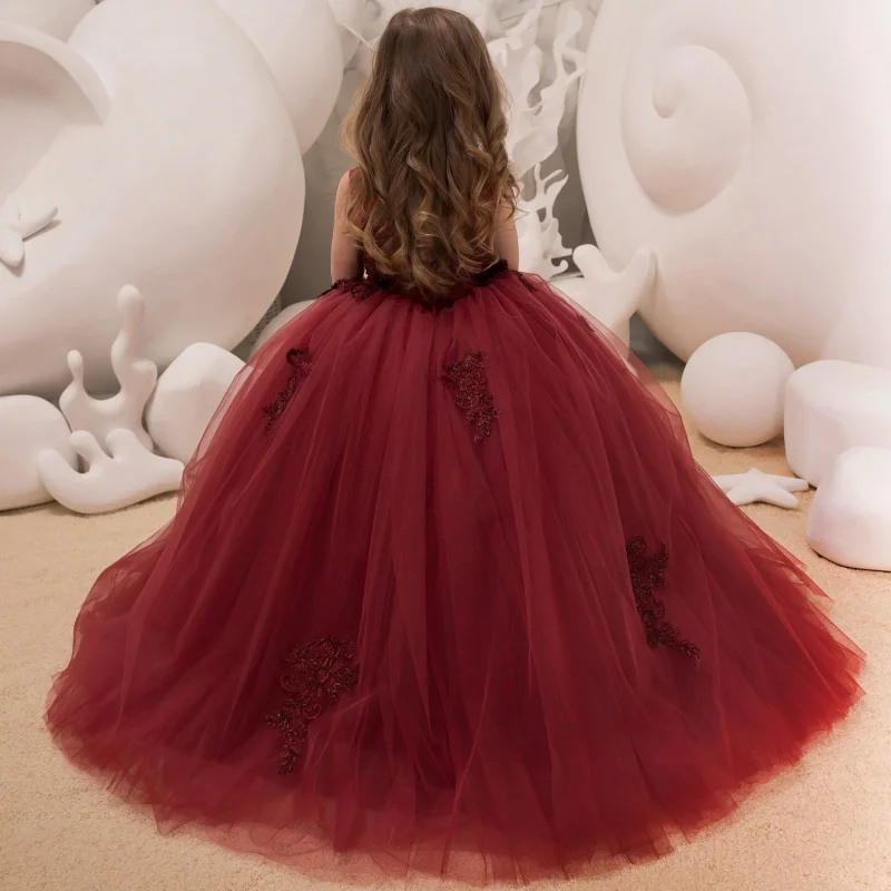 Burgundy Flower Girl Dresses Tulle Puffy Lace Appliques For Wedding Birthday Party Banquet Gowns Customized