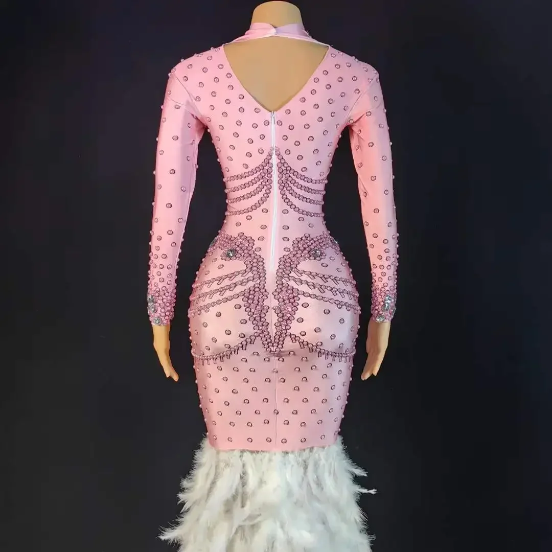 فستان نسائي طويل لامع من حجر الراين مع ريش ، فساتين ملكة عيد ميلاد ، وردي ، مقاس واحد ، مرن ، زي سحب ، احتفال زفاف