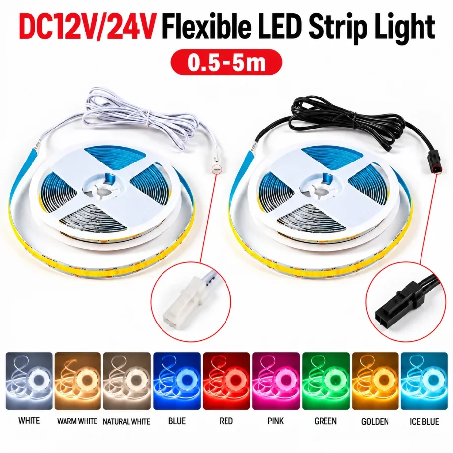 DC12V 24V COB Flexible LED Strip Light 0.5-5m Multiple Color Optional Tape Light with Dupont Connector for Cabinet Home Decor