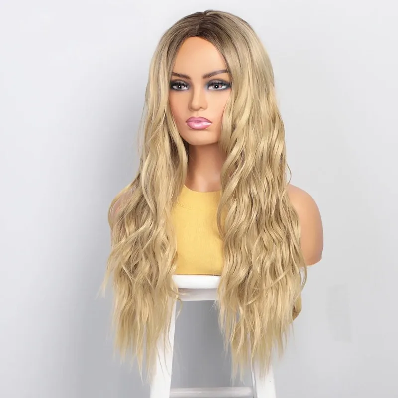 امرأة التدرج موجات لفة الشعر الطويل القبعات موضة أغطية الرأس حفلة شعر مستعار ذهبي غطاء الحفل فستان شعر مستعار طويل مجعد الشعر