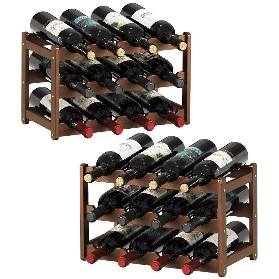

Стойка Бамбуковые винные стойки На столешницу, прочная винная стойка для внутреннего усилителя шкафа Отдельно стоящий пол, 2 набора из 3 ярусных стеллажей для 12 бутылок для