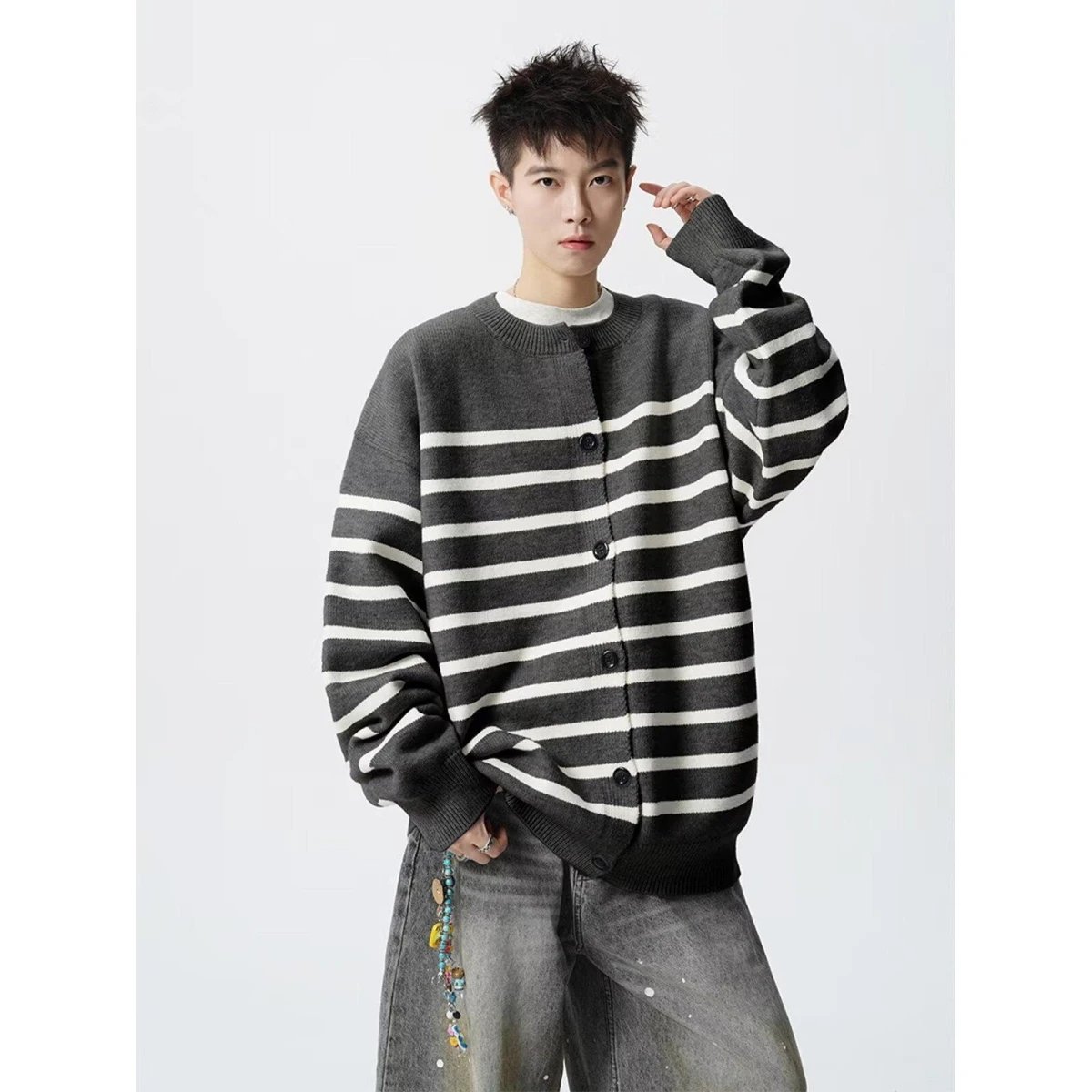 

Trendy round Ne Open Cardigan Knitted Outerwear for Couples Winter Versatile Striped Color Blo Loose Knitted Sweater