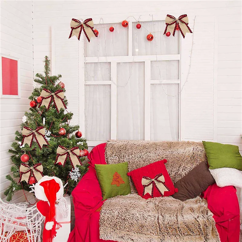 

6X ленты в клетку буйвола с проводными краями, рождественская ткань из мешковины, лента для рукоделия, рулоны ленты с клетчатым краем, красный-BAAQ